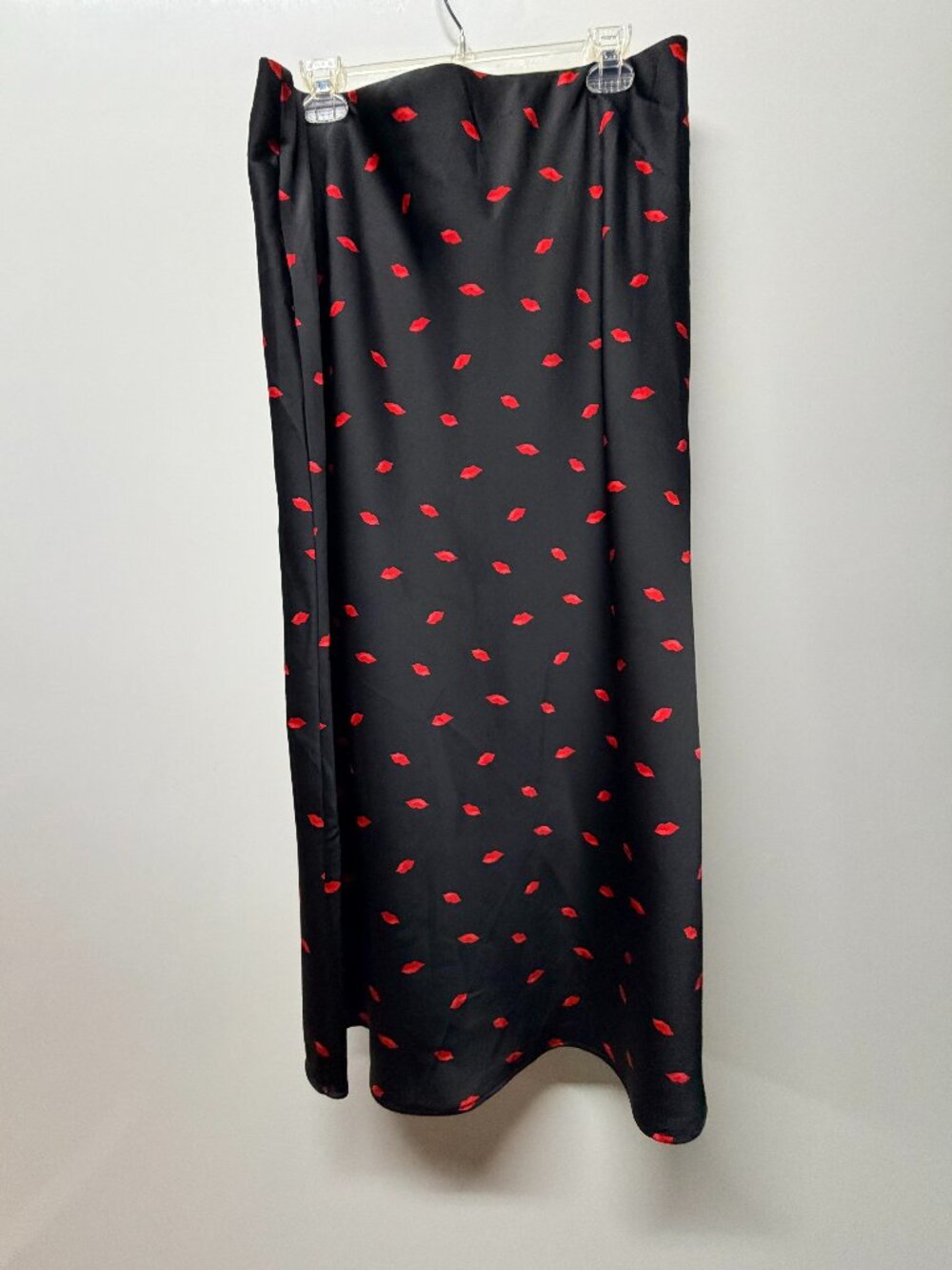 A New Day Black Satin Midi Skirt with Red Lip Print